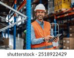 Amid shelves towering with products, a warehouse manager uses a tablet to maintain inventory control and ensure efficient operations, standing with confidence.