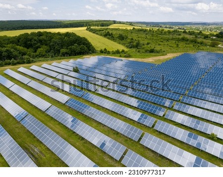 Amidst a lush meadow and forest, solar panels stand tall, harnessing the sun's energy. Their gleaming surfaces reflect the vibrant sky, creating a mesmerizing sight.