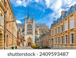 Amiens Cathedral Basilica of Our Lady Notre-Dame and pedestrian street with traditional buildings in old historical city centre, cityscape Amiens landmarks, Hauts-de-France Region, Northern France