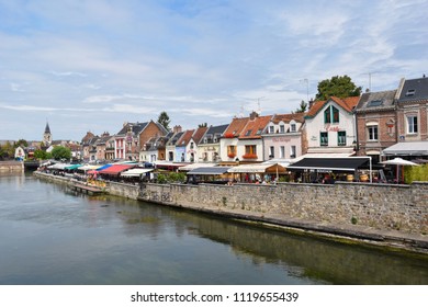 Amiens, France, Europe - July 26, 2017. Colorful houses on the Quai Belu, River Somme.