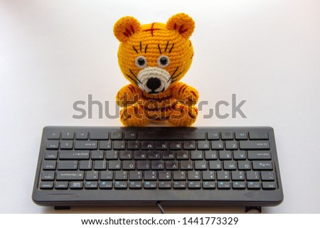 Amigurumi tiger cub at the computer keyboard.