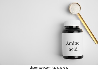 Amino Acid Powder And Jar On White Background, Top View