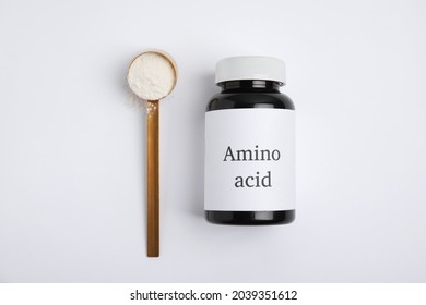 Amino Acid Powder And Jar On White Background, Top View