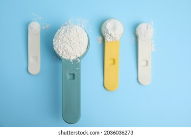 Amino Acid Powder On Light Blue Background, Flat Lay