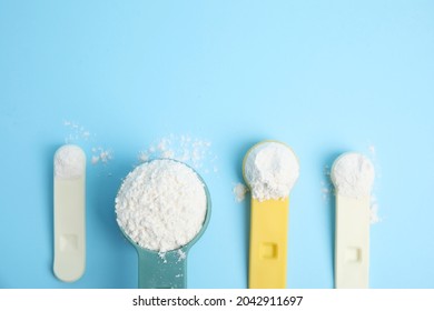 Amino Acid Powder On Light Blue Background, Flat Lay. Space For Text