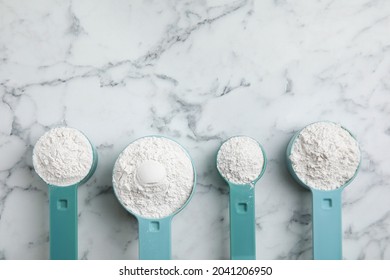 Amino Acid Powder On White Marble Table, Flat Lay. Space For Text