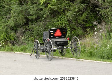 Amish buggy, hack,  with a caution sign parked on the side of the road.