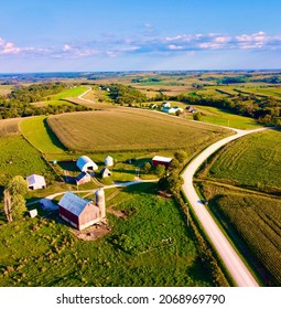 Amish Countryside Aerial View Of Waukon Town In IOWA State Of The USA.