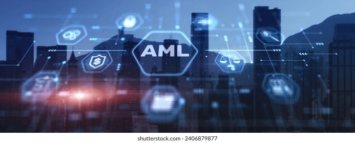 AML Anti Money Laundering Financial Bank Business Technology Concept on modern city background