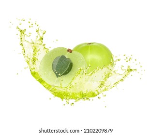 Amla or indian gooseberry with juice splash isolated on white background.