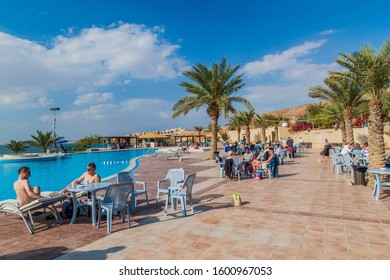 AMMAN BEACH, JORDAN - MARCH 21, 2017: Swimming Pool At The Amman Beach Tourist Resort At The Dead Sea, Jordan