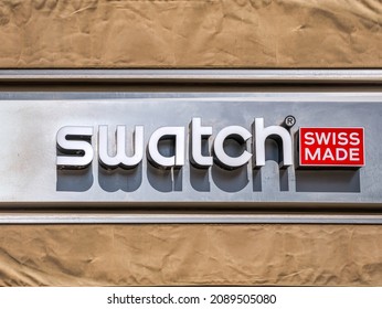 Amman, Jordan - 09.02.2021: Logo Store Of The  World Famous Swiss Watch Company Swatch