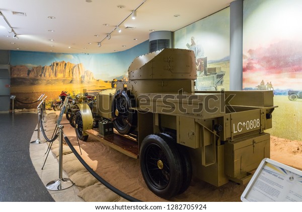 Amman, Jordan, December 07, 2018 :\
Army armored car of the Second World War at the exhibition in the\
King Abdullah II car museum in Amman, the capital of\
Jordan.