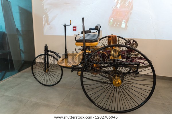 Amman, Jordan,\
December 07, 2018 : The replica of Patent Motor Car model 1 1886 of\
Mercedes Benz at the exhibition in the King Abdullah II car museum\
in Amman, the capital of\
Jordan.