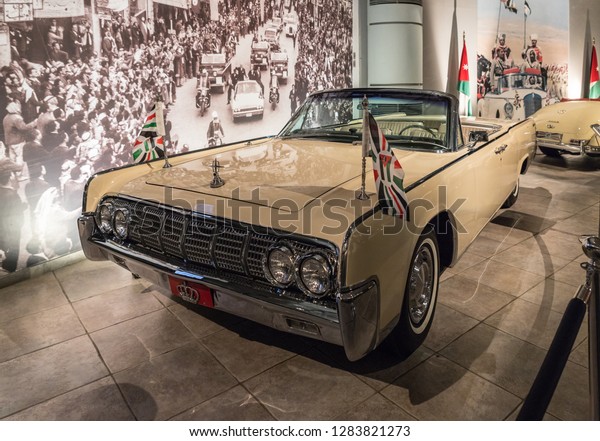 Amman, Jordan, December 07, 2018 :\
Lincoln Continental Convertible 1961 at the exhibition in the King\
Abdullah II car museum in Amman, the capital of\
Jordan.