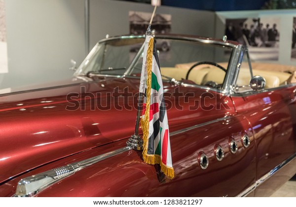 Amman, Jordan, December 07, 2018 :\
Flag of Jordan attached to the car at the exhibition in the King\
Abdullah II car museum in Amman, the capital of\
Jordan.