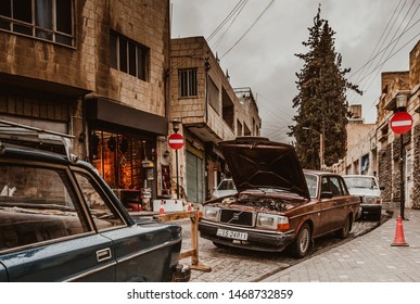 Amman, Jordan, February 27, 2019 Car With Open Bonnet In The Street Of Amman, Jordan