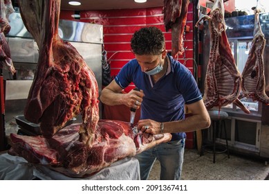 Amman, Jordan - October 06 2021: Downtown Market In The Capital Amman, Artisan Butcher Working On Meat In An Old Shop In The Meat Market