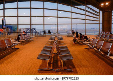 AMMAN, JORDAN - SEPTEMBER 16, 2019 : empty seats in departure hall at Queen Alia International Airport, Jordan