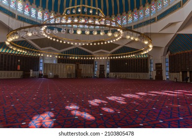 AMMAN, JORDAN - SEPTEMBER 27, 2021: Inside the prayer hall of the Mosque of King Abdullah I in the center of Amman, Jordan