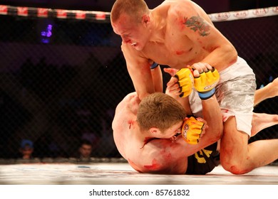 AMMAN, JORDAN - SEPTEMBER 8 : Jack Hermansson (Right)(Top) Defeats Mike Ling (Left)(Bottom) By Knockout At 3:30 Of Round 1,Cage Warriors Fight Night 2, Fight Card On September 8, 2011 In Amman, Jordan