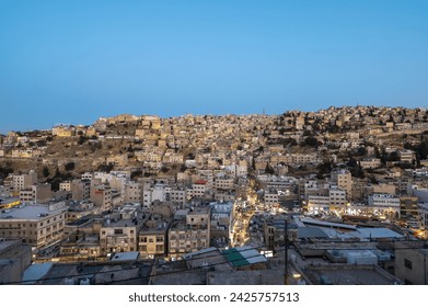 Amman's bustling cityscape boasts a striking contrast of towering buildings against a picturesque backdrop of mountains, showcasing the beauty of urban and natural landscapes in Jordan