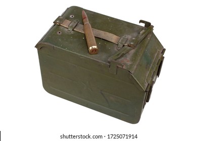 Ammo Can for ammunition belt and 12.7Ч108mm cartridge for a 12.7 mm heavy machine gun DShK used by the former Soviet Union isolated on white background