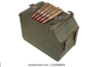 Ammo Can For Ammunition Belt And 12.7?108mm Cartridges For A 12.7 Mm Heavy Machine Gun DShK Used By The Former Soviet Union Isolated On White Background