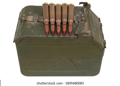 Ammo Can for ammunition belt and 12.7?108mm cartridges for a 12.7 mm heavy machine gun used by the former Soviet Union isolated on white background