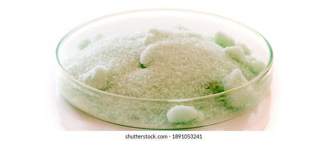 Ammonium Iron(II) Sulfate, Or Mohr's Salt In Petri Dish On White Background