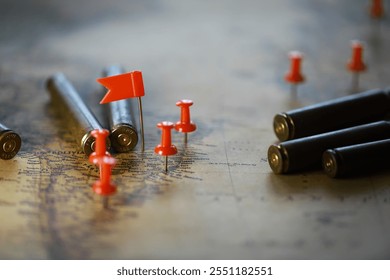 Ammunition and Red Pins on World Map Symbolizing Military Strategy and Conflict - Powered by Shutterstock