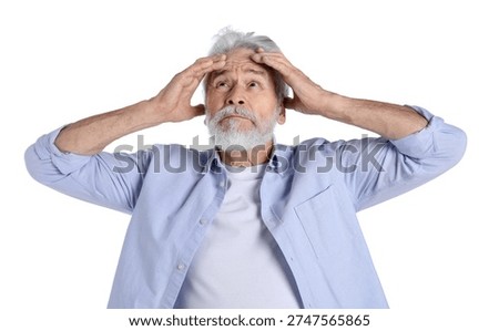 Amnesia. Senior man trying to remember something on white background