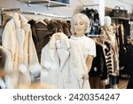 Among large selection of clothes on rails in store, elderly woman stopped near showcase with outerwear, holds fur coat hanger in hands and examines product, integrity of garniture.