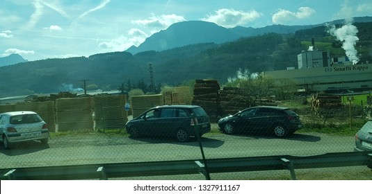 Amorebieta, Bizkaia, Basque Country, Euzkadi, Spain, March, 1, 2019: Facilities Of The Smurfit Kappa Paper Mill In Amorebieta