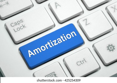 Amortization text written on Blue button White Keyboard