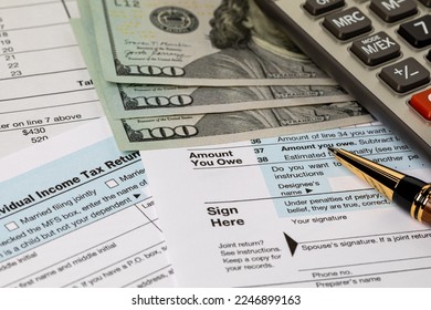 Amount you owe line on income tax return forms, cash money and calculator. Federal tax return, income tax, tax refund and payment concept