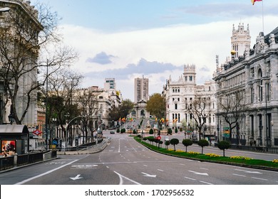 Amous Plaza Cibeles Of Madrid, Gran Via, Empty Due To Coronavirus Outbreak In 2020.