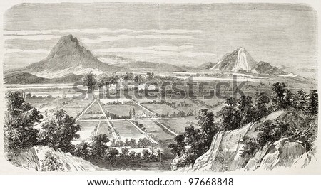 Amozoc de Mota old view, Mexico. Created by Provost after Cibot, published on L'Illustration, Paris, 1863