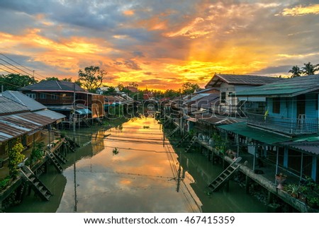 Amphawa water market Morning of Thailand. Floating market.Beautiful sunset.Beautiful sunrise.