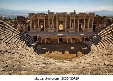 Amphitheater in ancient city of Hierapolis. Unesco Cultural Heritage Monument.The construction of the 1800-year-old Hierapolis Ancient Theatre It was started in the 1st century AD. Pamukkale, Turkey