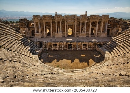 Amphitheater in ancient city of Hierapolis. Unesco Cultural Heritage Monument.The construction of the 1800-year-old Hierapolis Ancient Theatre It was started in the 1st century AD. Pamukkale, Turkey