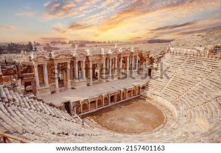 Amphitheater in Hierapolis ancient city in Pamukkale Turkey banner sunset.