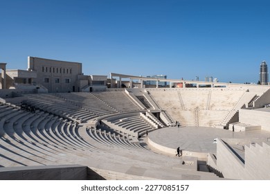 The amphitheater in Katara Cultural Village, Doha Qatar view in daylight from outside.