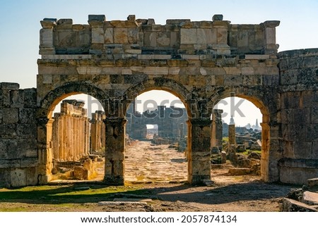 Amphitheater at the ruins of hierapolis in pamukkale, turkey. Unesco world heritage site in turkey. Ruined ancient city in europe. Turkey. Amphitheater