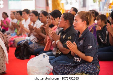 Amphoe Mueang, Buri Ram/ Thailand - April 01, 2018: Group Of Buddhist  Receive The Five Precepts From Buddhist Monk At Wat Thong Sa Wang.
