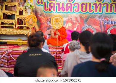 Amphoe Mueang, Buri Ram/ Thailand - April 01, 2018: Group Of Buddhist  Receive The Five Precepts From Buddhist Monk At Wat Thong Sa Wang.
