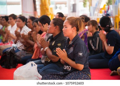 Amphoe Mueang, Buri Ram/ Thailand - April 01, 2018: Group Of Buddhist  Receive The Five Precepts From Buddhist Monk At Wat Thong Sa Wang.
