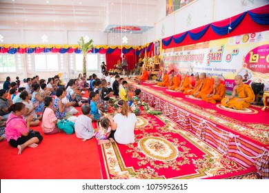 Amphoe Mueang, Buri Ram/ Thailand - April 01, 2018: Group Of Buddhist  Receive The Five Precepts From Buddhist Monk At Wat Thong Sa Wang.
