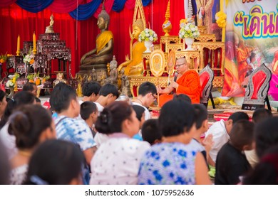 Amphoe Mueang, Buri Ram/ Thailand - April 01, 2018: Group Of Buddhist  Receive The Five Precepts From Buddhist Monk At Wat Thong Sa Wang.
