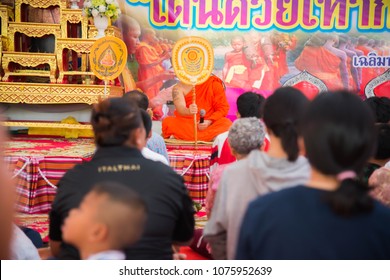 Amphoe Mueang, Buri Ram/ Thailand - April 01, 2018: Group Of Buddhist  Receive The Five Precepts From Buddhist Monk At Wat Thong Sa Wang.
